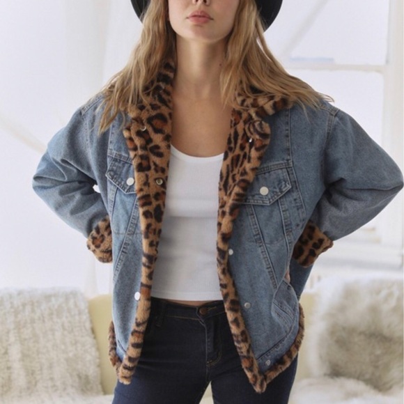 Oversize Denim Jacket Leopard Faux Fur - Picture 2 of 14